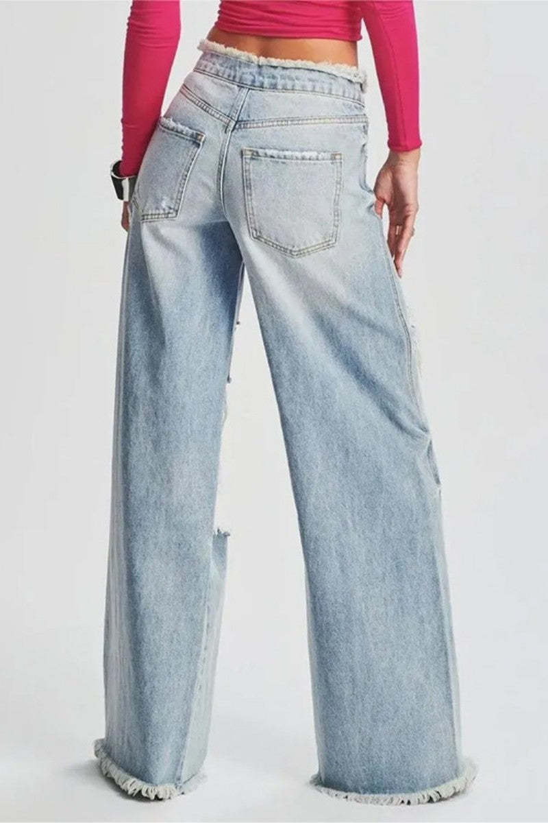 Casual Distressed Contrast Mid Waist Denim Jeans main image 1