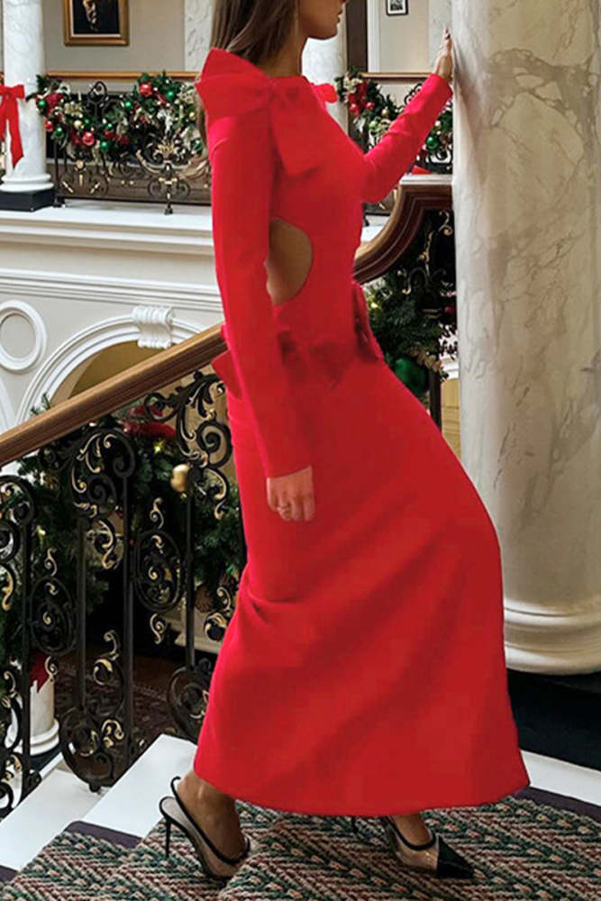 Elegant Solid Backless Slit With Bow O Neck Wrapped Skirt Dresses