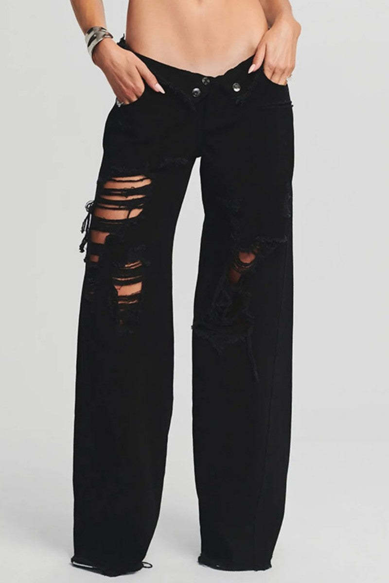 Casual Solid Patchwork Mid Waist Boot Cut Denim Jeans