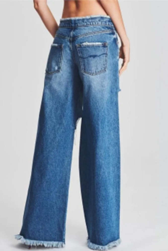 Casual Solid Ripped Patchwork Mid Waist Regular Denim Jeans (Subject To The Actual Object,4 Colors)