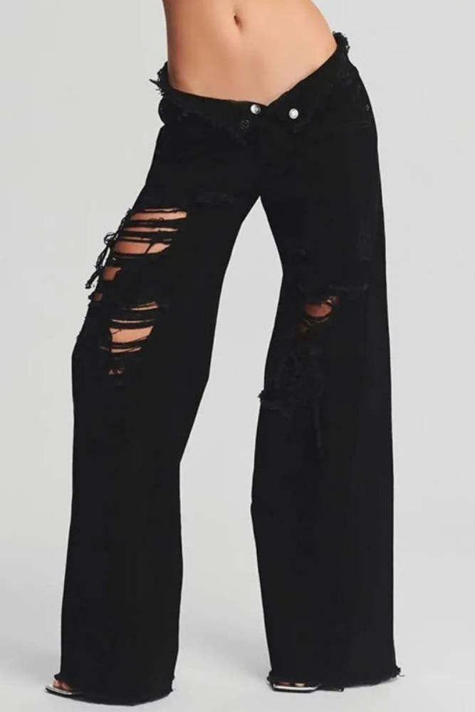 Casual Solid Ripped Patchwork Mid Waist Regular Denim Jeans (Subject To The Actual Object,4 Colors)