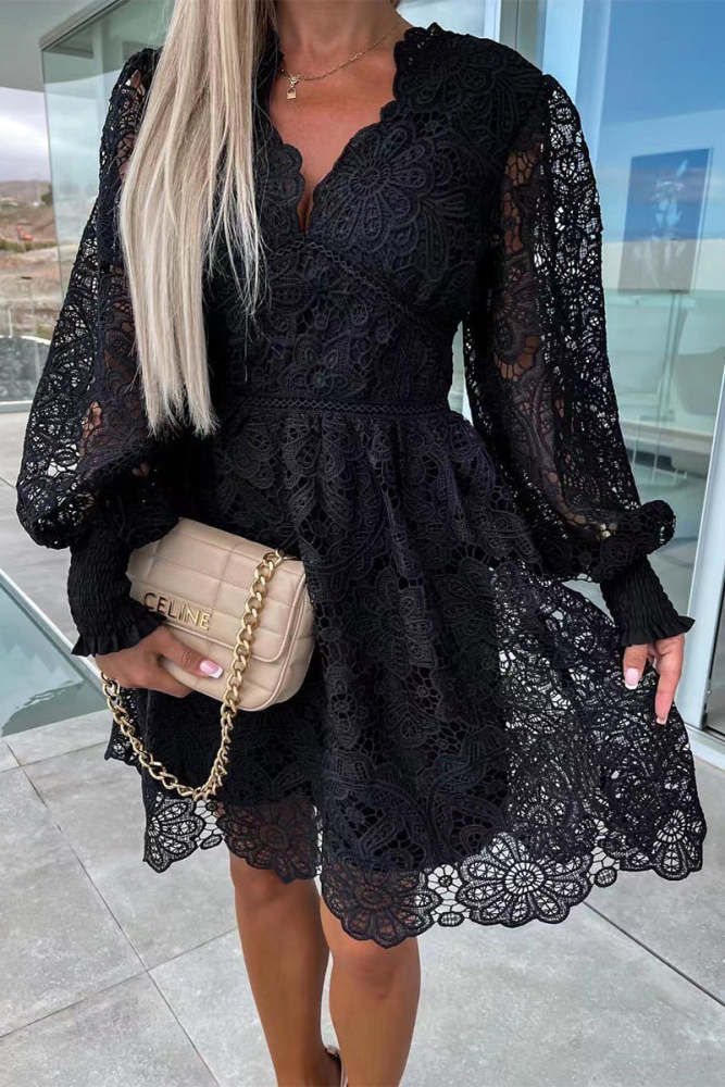 Sexy Solid Lace Embroidered V Neck A Line Dresses(3 Colors)