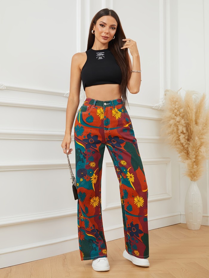 Contrast Color Casual Baggy Jeans, Loose Fit Floral Print Wide Legs Jeans, Women's Denim Jeans & Clothing