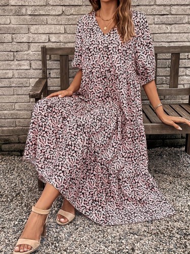 Ditsy Floral Print V Neck Dress, Elegant V Neck Half Sleeve Dress For Spring & Summer, Women's Clothing