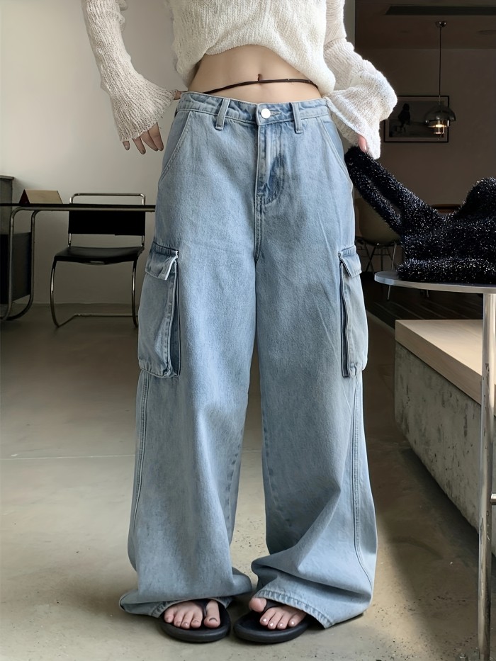 Blue Flap Pockets Straight Jeans, Non-Stretch High Waist Wide Legs Cargo Pants, Y2K & Kpop Style Women's Denim Jeans & Clothing