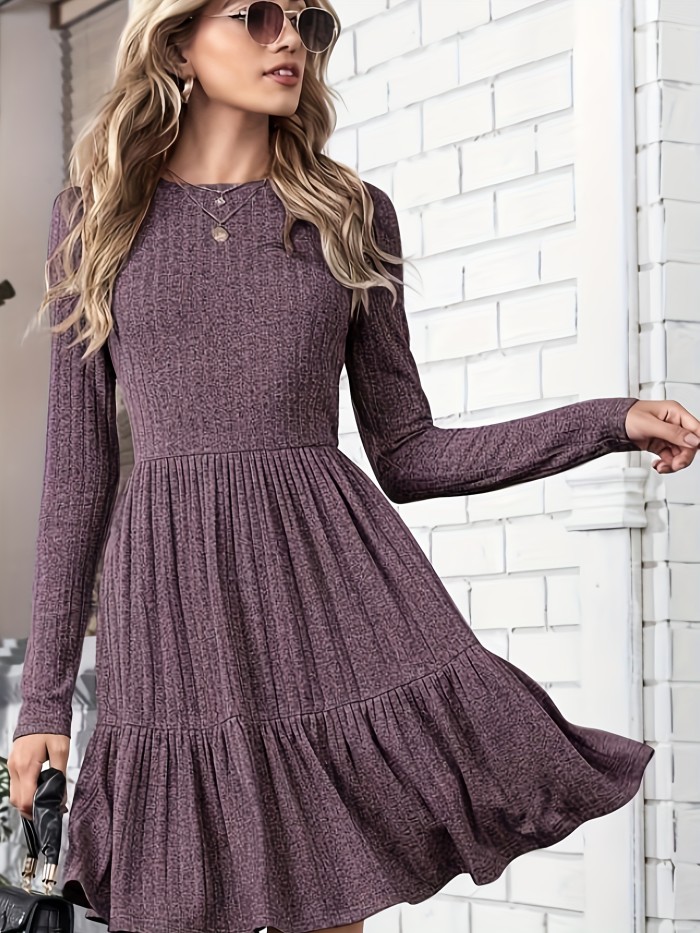 Crew Neck Ribbed Knit A-line Dress, Casual Solid Long Sleeve Tiered Dress, Women's Clothing