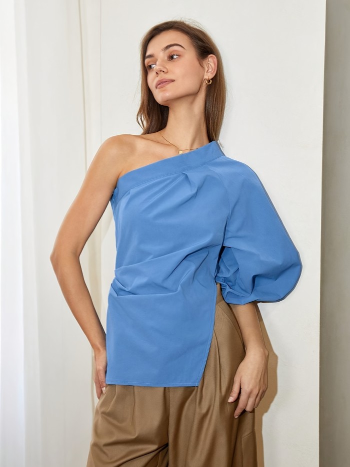 Solid One Shoulder Asymmetrical Blouse, Casual Half Sleeve Split Blouse For Spring & Summer, Women's Clothing