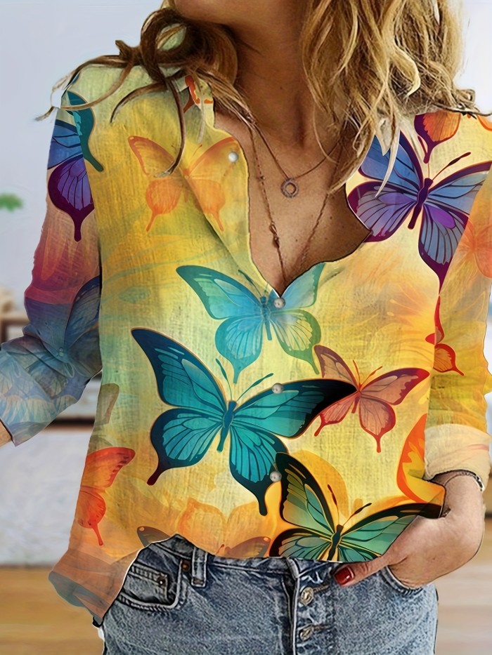 Butterfly Print Button Front Shirt, Casual Long Sleeve Shirt For Spring & Fall, Women's Clothing