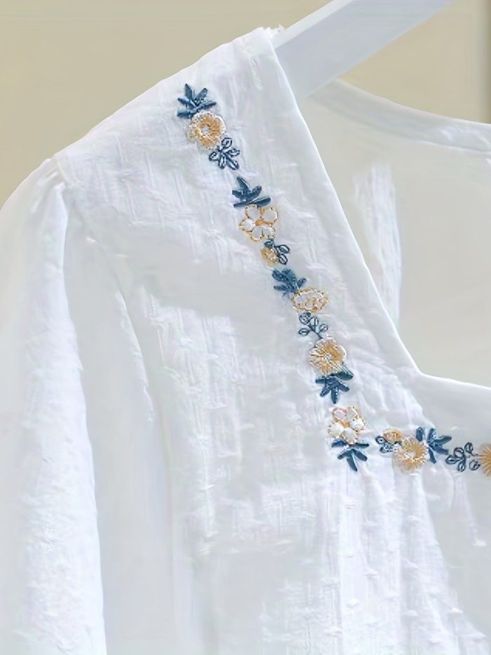 Floral Pattern Square Neck Blouse, Elegant Short Sleeve Blouse For Spring & Summer, Women's Clothing