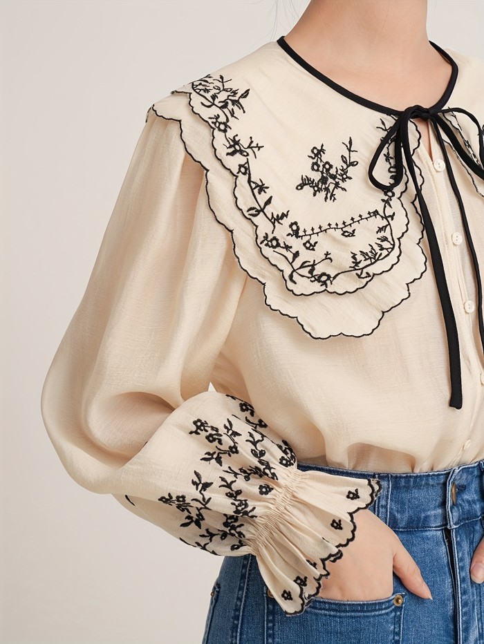 Floral Embroidered Button Up Doll Collar Blouse, Long Sleeve Tie Neck Elegant Blouse, Women's Clothing