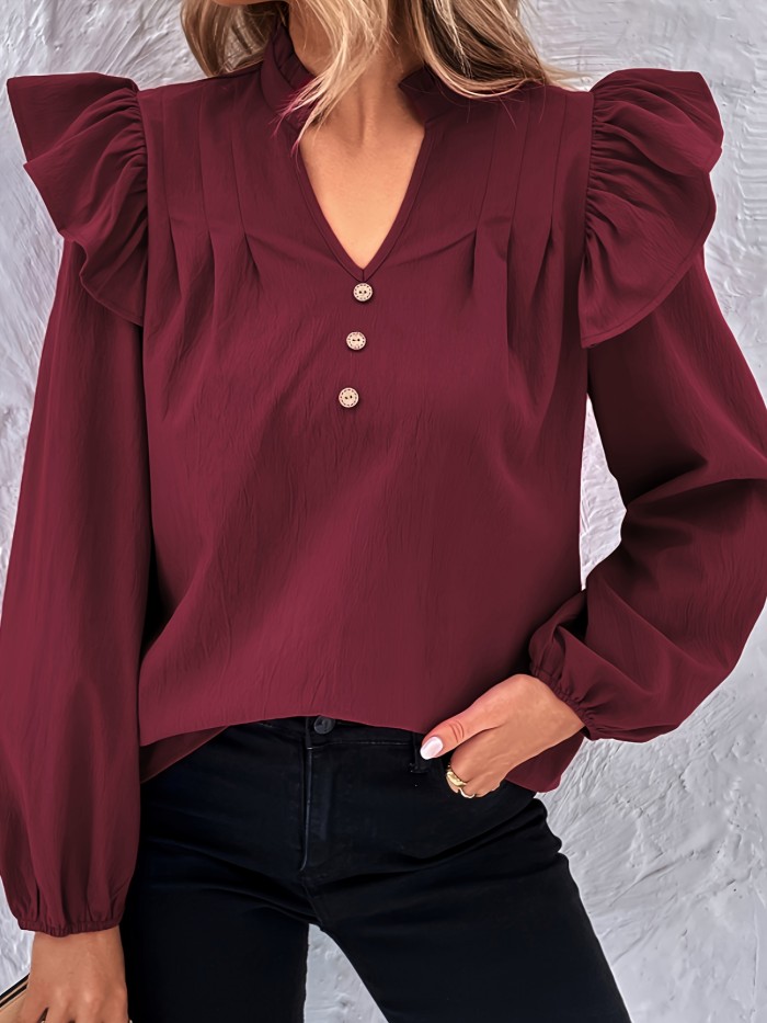 Ruffle Trim Button V Neck Blouse, Casual Long Sleeve Blouse For Spring & Fall, Women's Clothing