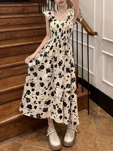 Floral Print Square Neck Dress, Elegant Ruffle Sleeve Dress For Spring & Summer, Women's Clothing