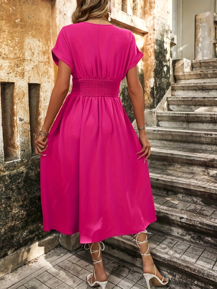Solid High Waist Midi Dress, Elegant V Neck Short Sleeve Dress, Women's Clothing