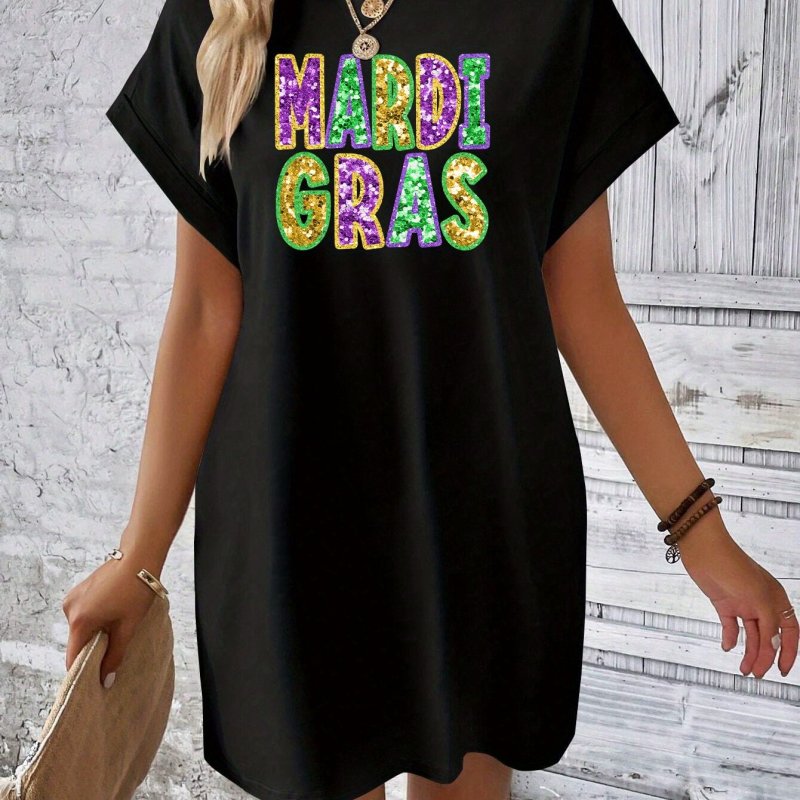 Mardi Gras Letter Print Tee Dress, Short Sleeve Crew Neck Casual Dress For Summer & Spring, Women's Clothing