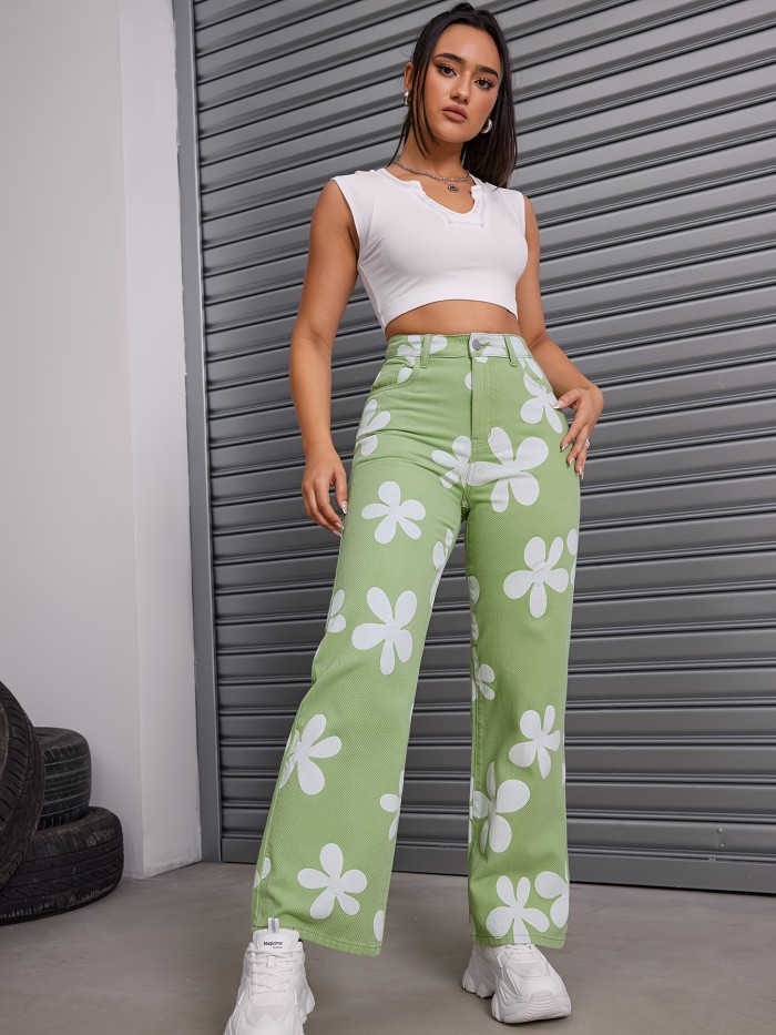 Green Floral Pattern Straight Jeans, Loose Fit Non-Stretch Casual Denim Pants, Women's Denim Jeans & Clothing