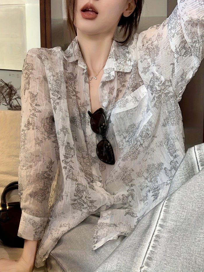 Floral Print Button Front Shirt, Casual Long Sleeve Lapel Shirt, Women's Clothing
