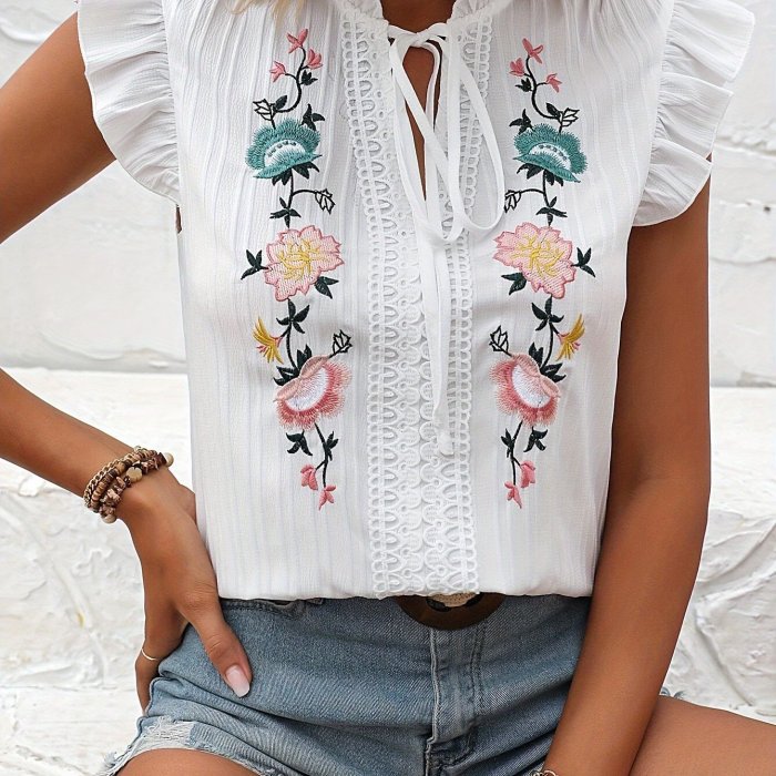 Floral Embroidered Ruffle Trim Blouse, Vintage Tie Neck Blouse For Spring & Summer, Women's Clothing