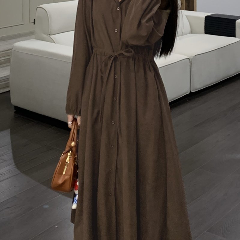 Button Front Solid Shirt Dress, Casual Long Sleeve Dress For Spring & Fall, Women's Clothing