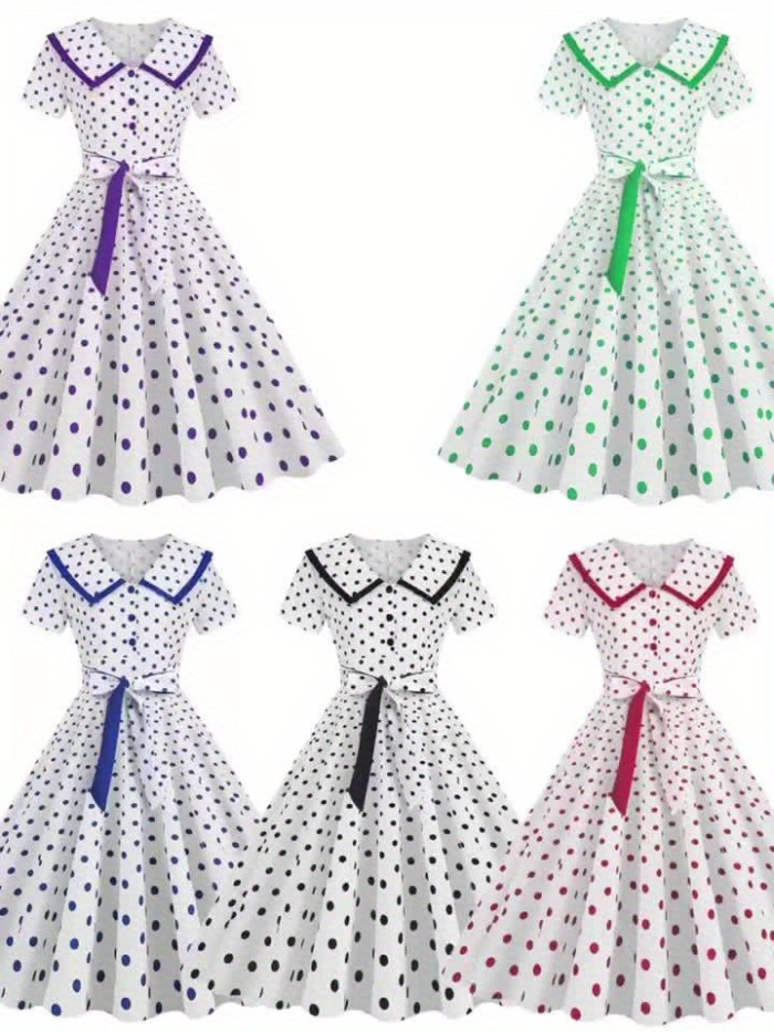 Polka-dot Print Ruffle Hem Aline Dress, Vintage Peter Pan Collar Swing Belted Dress For Spring & Summer, Women's Clothing
