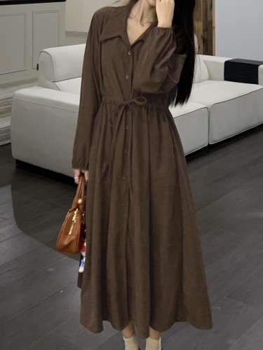 Button Front Solid Shirt Dress, Casual Long Sleeve Dress For Spring & Fall, Women's Clothing