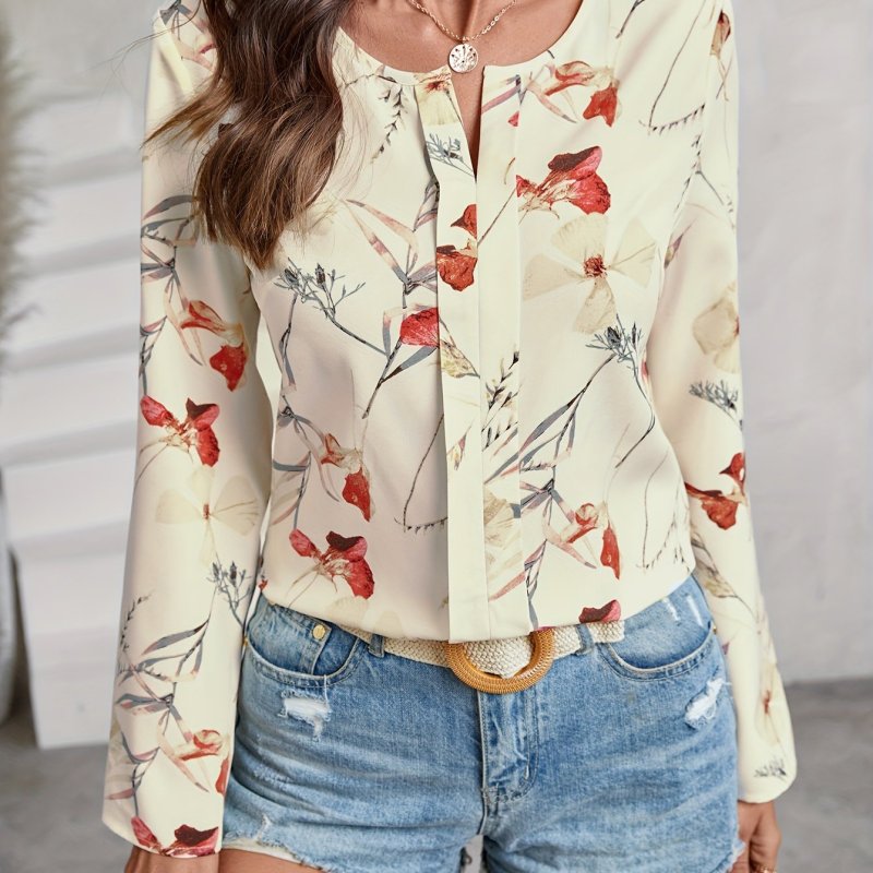 Floral Print Notch Neck Blouse, Casual Long Sleeve Blouse For Spring & Fall, Women's Clothing
