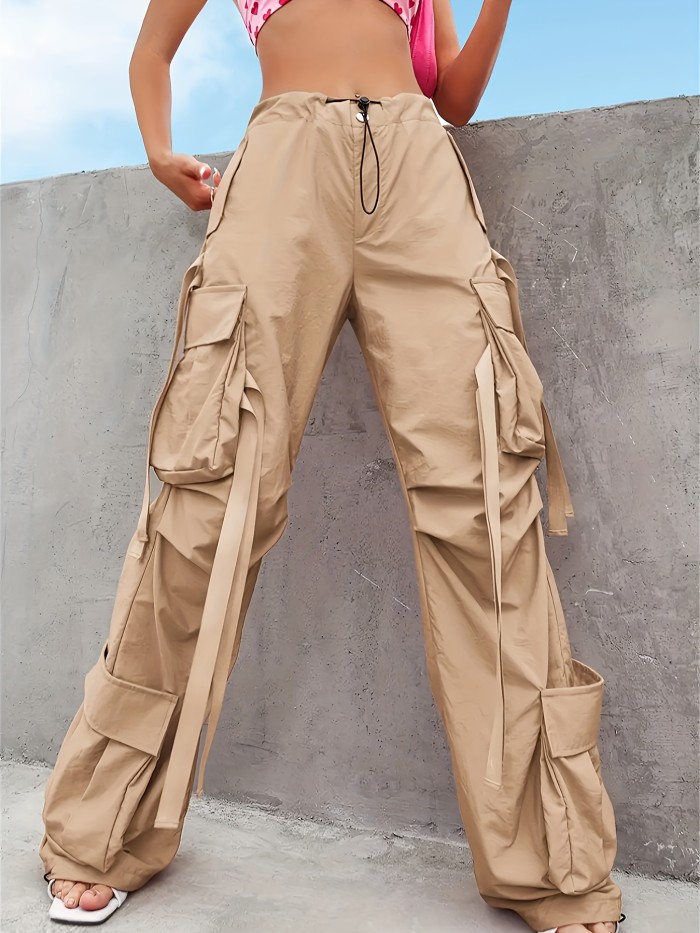 Solid Flap Pockets Wide Leg Cargo Pants, Casual Drawstring Pants For Spring & Fall, Women's Clothing
