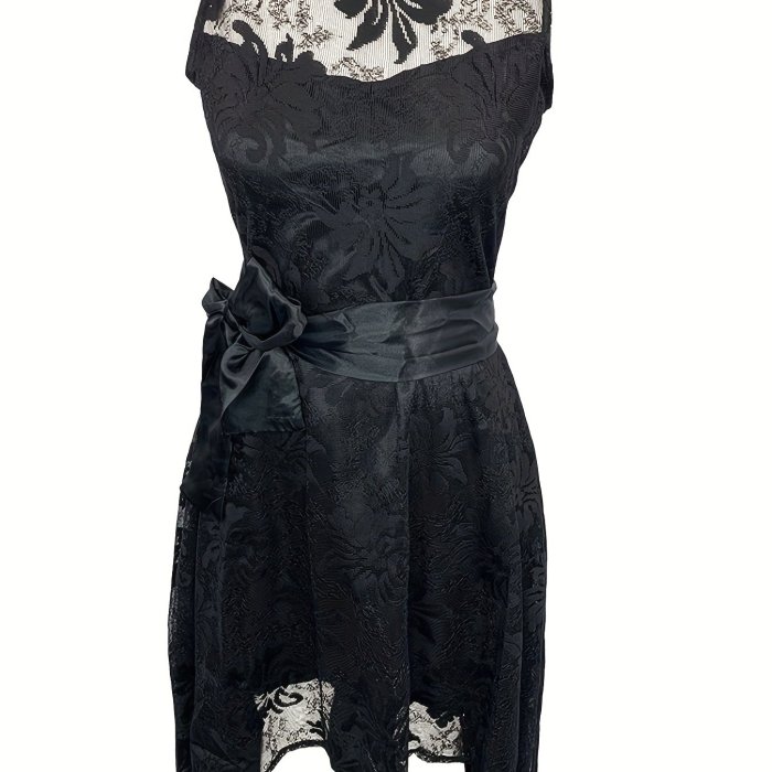 Lace High Low Hem A-line Dress, Elegant Sleeveless Tie Waist Dress For Party & Banquet, Women's Clothing