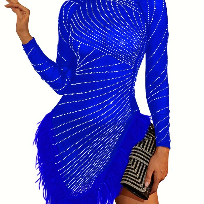 Rhinestone Tassel Asymmetric Bodycon Dress, Sexy Party Wear Mock Neck Long Sleeve Dress, Women's Clothing