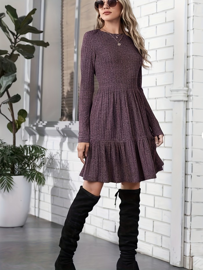 Crew Neck Ribbed Knit A-line Dress, Casual Solid Long Sleeve Tiered Dress, Women's Clothing