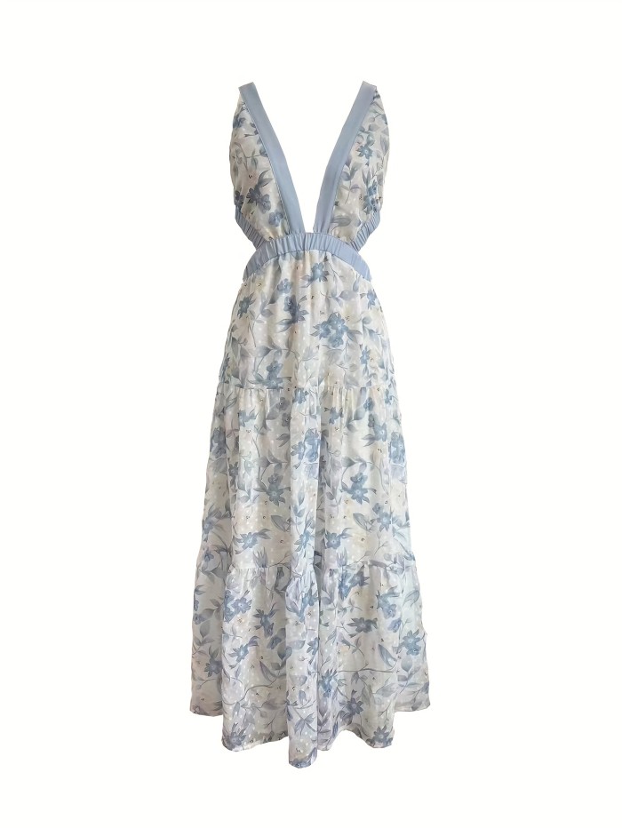Floral Print Deep V-neck Dress, Elegant Cross Back Sleeveless Ruffle Hem Dress For Spring & Summer, Women's Clothing