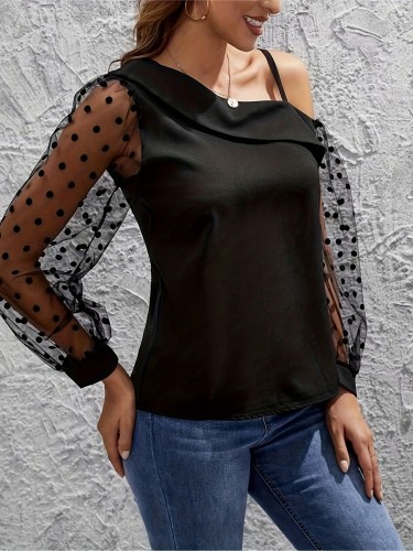 Asymmetric Skew Neck Blouse, Casual Long Illusion Sleeve Blouse For Spring & Fall, Women's Clothing