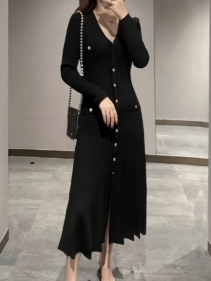 Solid Single Breasted Slim Dress, Elegant Long Sleeve Bodycon Dress For Spring & Fall, Women's Clothing