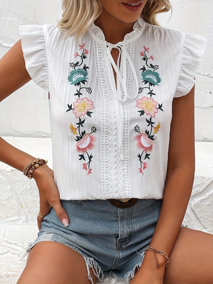 Floral Embroidered Ruffle Trim Blouse, Vintage Tie Neck Blouse For Spring & Summer, Women's Clothing
