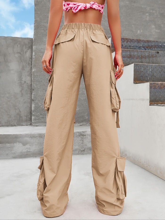 Solid Flap Pockets Wide Leg Cargo Pants, Casual Drawstring Pants For Spring & Fall, Women's Clothing