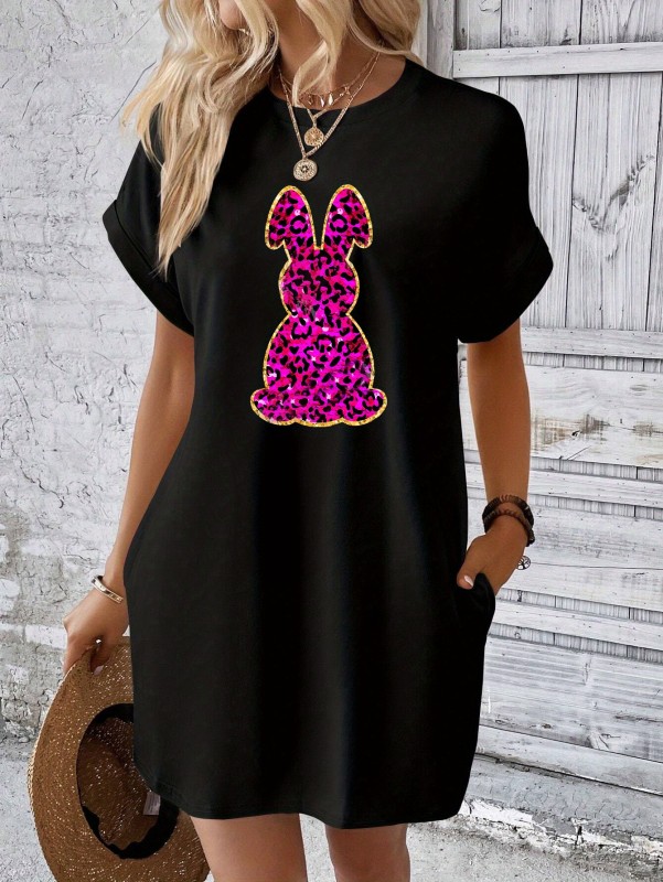 Graphic Print Tee Dress, Short Sleeve Crew Neck Casual Dress For Summer & Spring, Women's Clothing