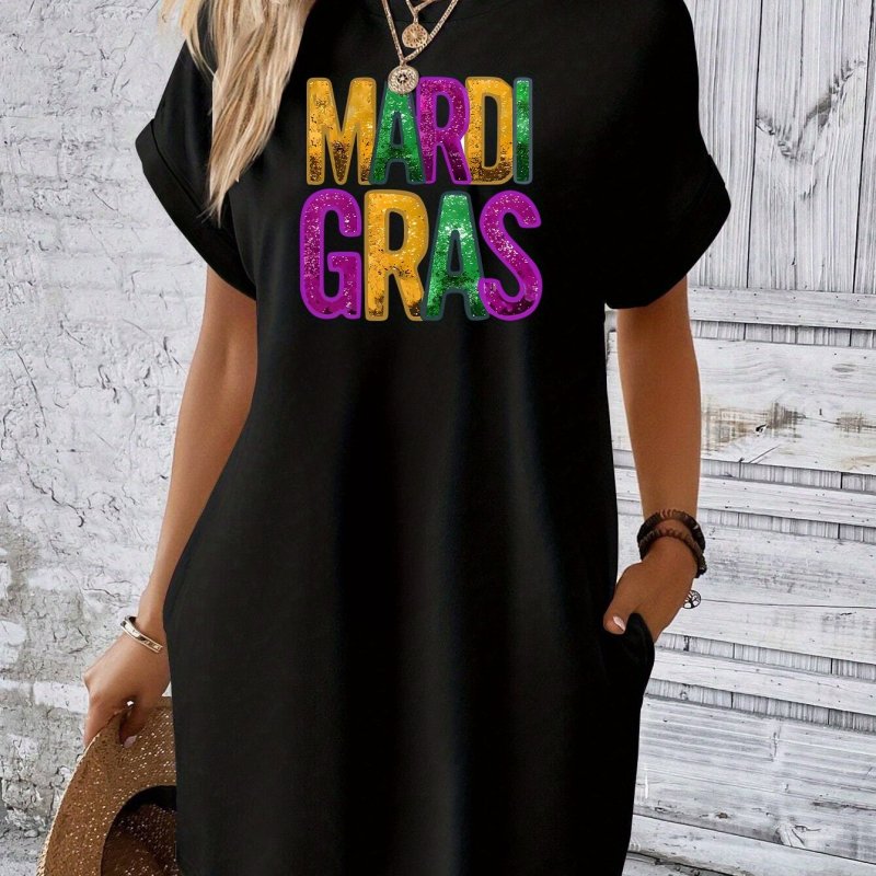 Mardi Gras Print Tee Dress, Short Sleeve Crew Neck Casual Dress For Summer & Spring, Women's Clothing