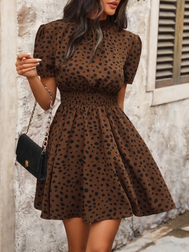 Leopard Print Shirred Waist Dress, Elegant Short Sleeve Mock Neck Dress, Women's Clothing