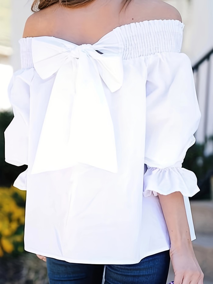 Bow Back Off Shoulder Blouse, Elegant Solid Top For Spring, Women's Clothing