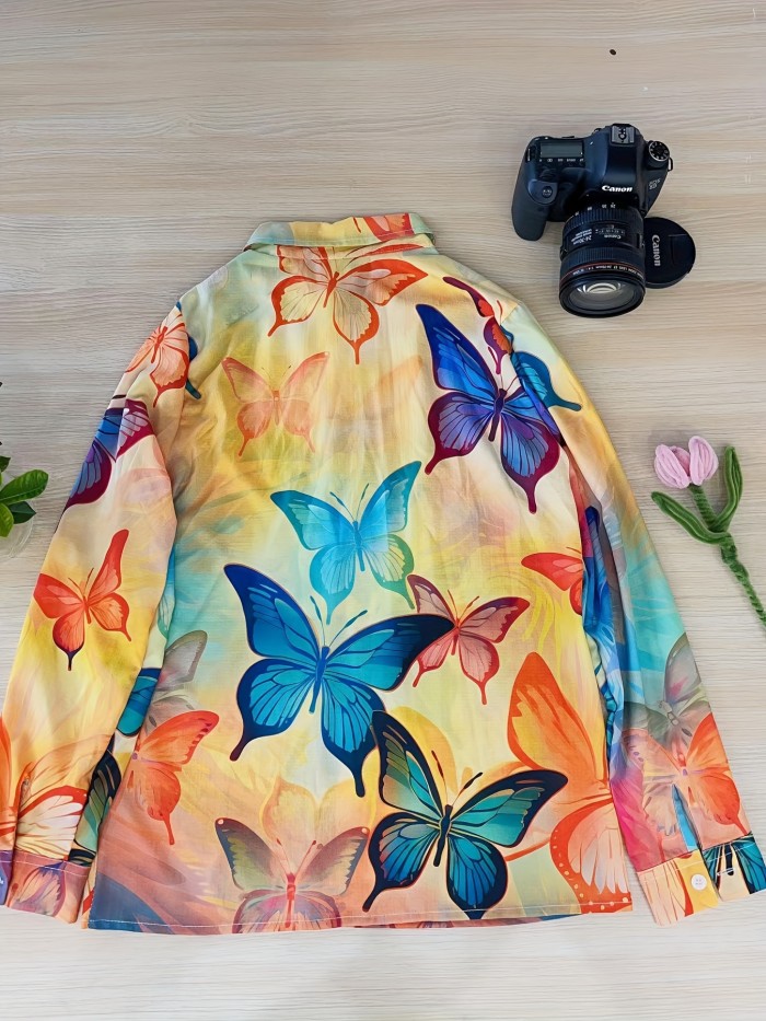Butterfly Print Button Front Shirt, Casual Long Sleeve Shirt For Spring & Fall, Women's Clothing