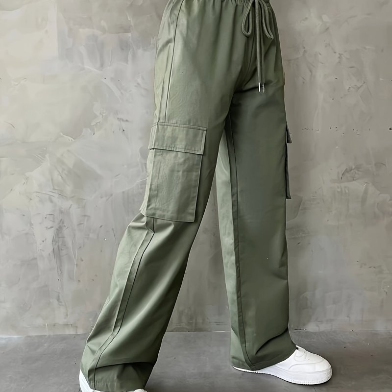 Flap Pockets Wide Leg Cargo Pants, Casual Solid Drawstring Pants For Spring & Summer, Women's Clothing