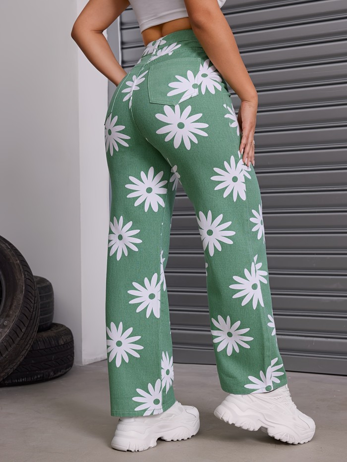 Green Floral Print Straight Jeans, Loose Fit Non-Stretch Casual Denim Pants, Women's Denim Jeans & Clothing