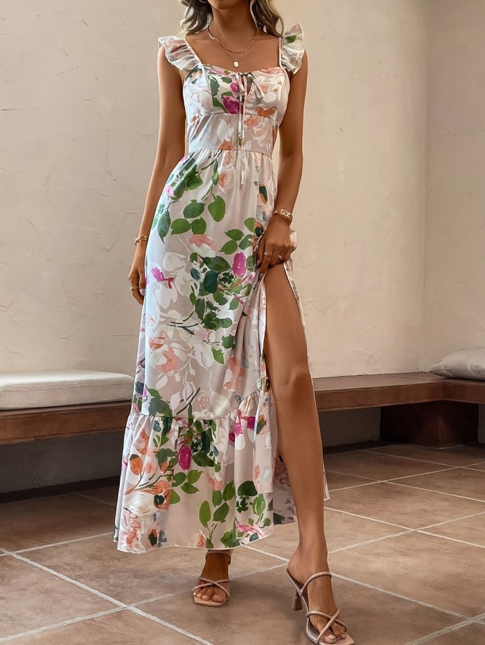 Floral Print Side Slit Dress, Elegant Cap Sleeve Backless Ankle Length Dress For Spring & Summer, Women's Clothing