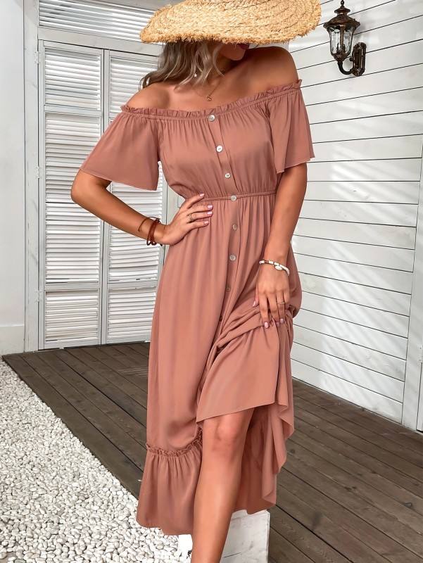 Solid Off Shoulder Button Front Dress, Casual Waist Ruffle Hem Dress, Women's Clothing