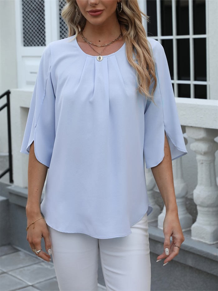 Crew Neck Loose Blouse, Casual Solid Blouse For Spring & Summer, Women's Clothing