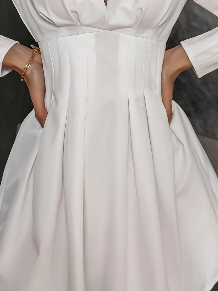 Solid V Neck Dress, Elegant Long Sleeve Curved Hem Dress For Spring & Fall, Women's Clothing