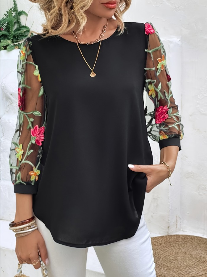 Floral Tulle Crew Neck Blouse, Casual Three-quarter Sleeve Blouse For Spring & Summer, Women's Clothing