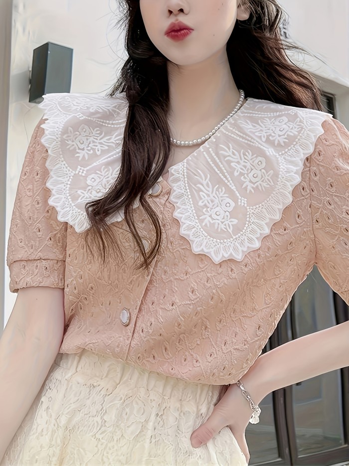 Eyelet Button Front Lapel Blouse, Casual Short Sleeve Blouse For Spring & Summer, Women's Clothing