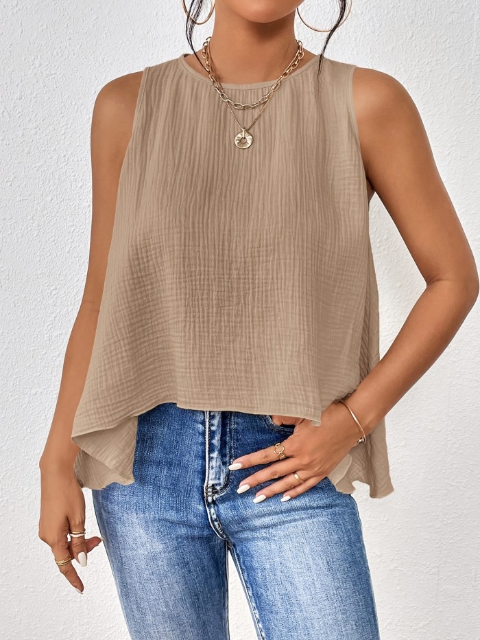 Crew Neck Sleeveless Loose Top, Casual Asymmetric Hem Tank Top For Spring & Summer, Women's Clothing