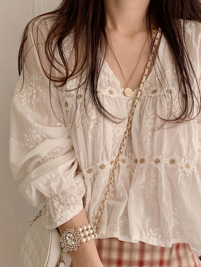 Floral Lace Splicing V-neck Blouse, Sweet Long Sleeve Blouse For Spring & Fall, Women's Clothing