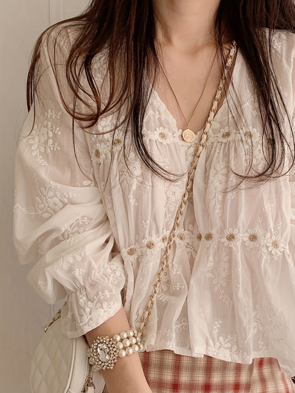 Floral Lace Splicing V-neck Blouse, Sweet Long Sleeve Blouse For Spring & Fall, Women's Clothing